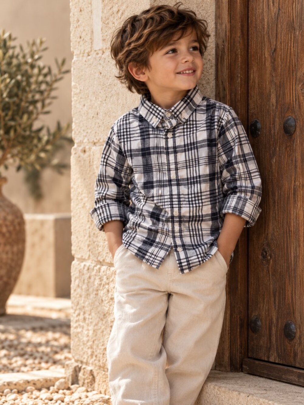 Gymboree Boys Navy Blue White Plaid Button Down Shirt 3T 100% Cotton Preppy